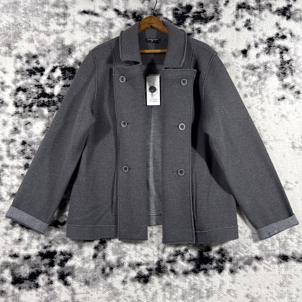New Eileen Fisher Loden Pea‎ Jacket Womens Large Gray Merino Doubleknit